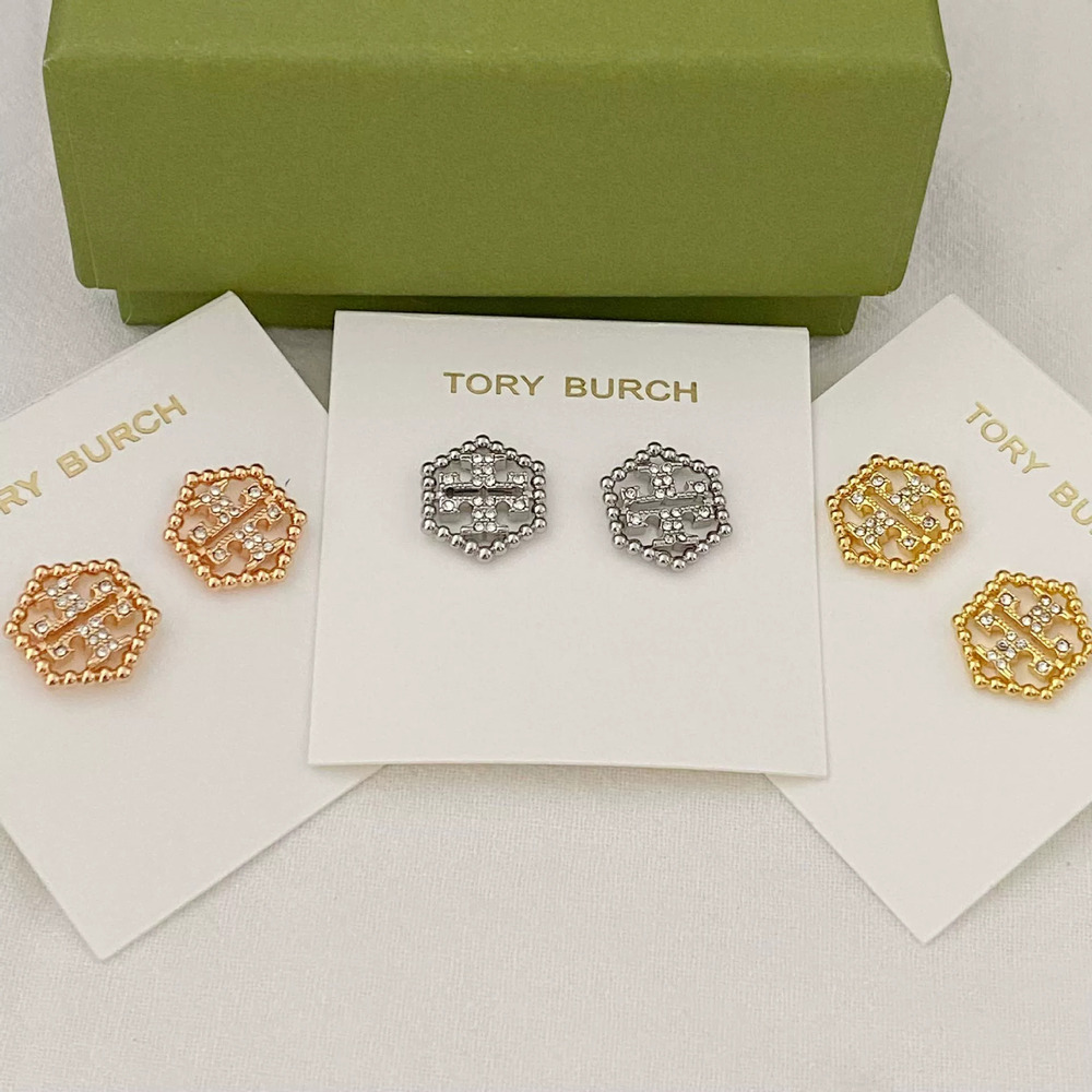 Tory Burch Hexagonal Rhinestone Metal Stud Earrings